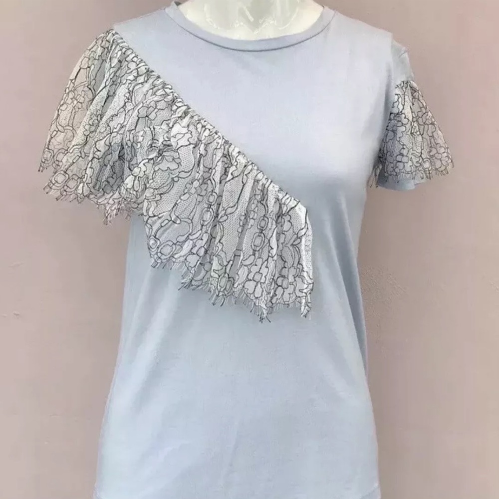 Women Casual Short Sleeve Floral Ruffle Lace T Shirt Top Shop Blouse Sz Small 4